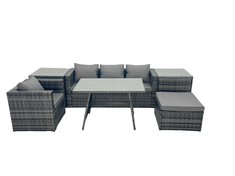 Image of Fimous Outdoor Dining Table Sofa Set with 2 Side Tables Big Footstool in Dark Grey Dark Grey Unisex