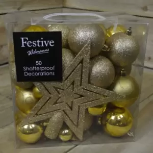 Image of 50 Piece Shatterproof Christmas Decoration Pack with Baubles & Star - Gold