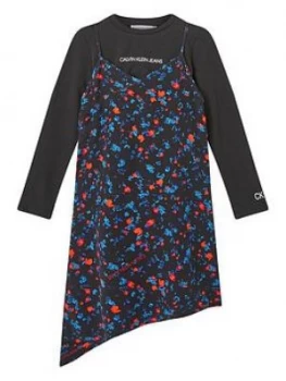 Image of Calvin Klein Jeans Girls 2 In 1 Asymetric Print Dress