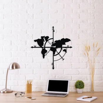 Image of Compass World Map Black Decorative Metal Wall Accessory