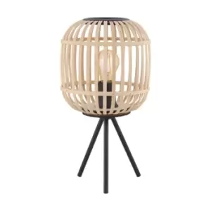 Image of Table Lamp Desk Light Black Tripod & Round Wood Cage Shade 1 x 28W E27 Bulb
