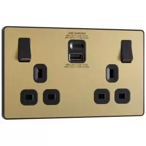 Image of BG Evolve Brushed Brass 13A Double Switched Power Socket with USB C (30W) & USB A (2.1A)