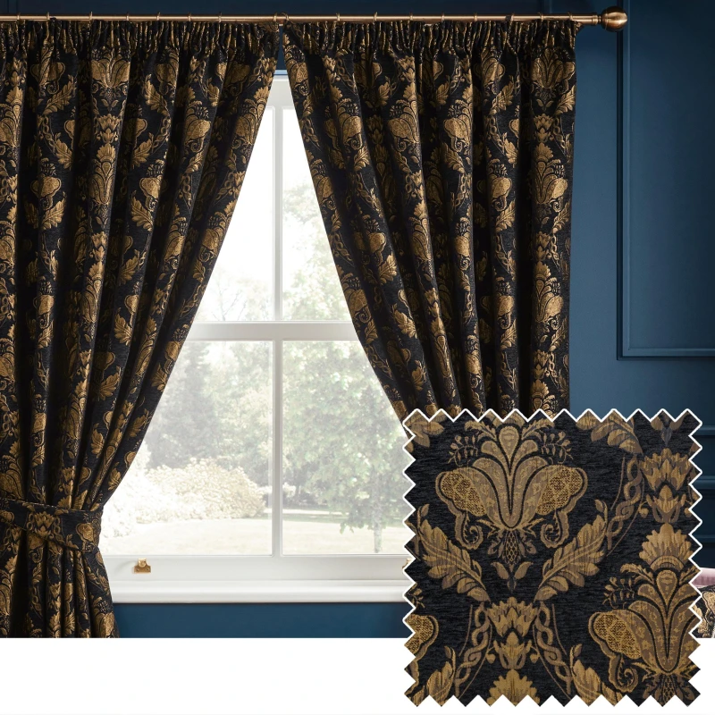Image of Paoletti Shiraz Traditional Jacquard Pencil Pleat Curtains Black