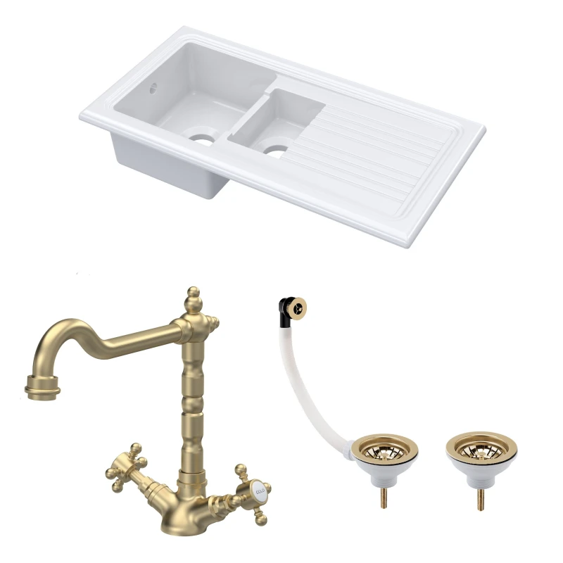 Image of Balterley Fireclay 1.5 Bowl Sink Drainer Waste Tap Brushed Brass 1010mm White unisex