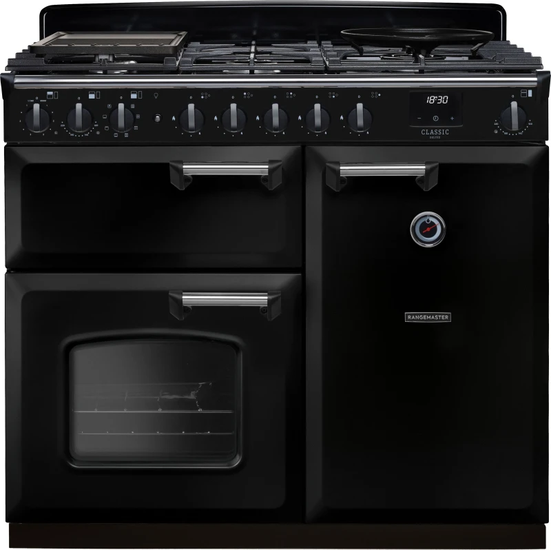 Image of Rangemaster Classic Deluxe 100 Dual Fuel CLDL100DFPGBL/CM1 100cm wide Dual Fuel Range Cooker with Gas Hob - Black / Chrome - A/A Rated