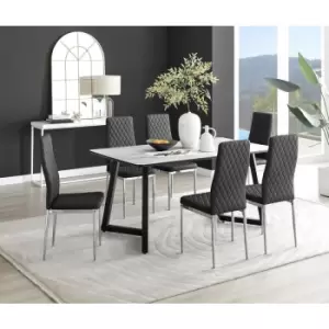 Image of Furniturebox UK - Furniturebox Carson White Marble Effect Rectangular 160cm Dining Table & 6 Black Milan Chrome Leg Faux Leather Chairs