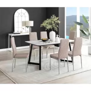 Image of Furniture Box Carson White Marble Effect Dining Table and 6 Cappuccino Milan Chrome Leg Chairs