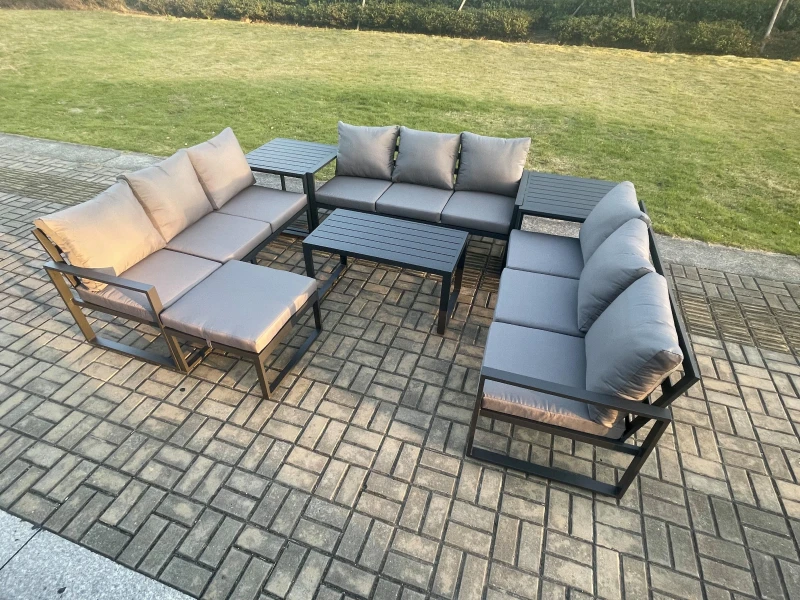 Image of Fimous Aluminium 10 Seater Outdoor Garden Furniture Set Lounge Sofa Oblong Coffee Table Big Footstool Side Table Sets with Cushions Dark Grey Dark Gre