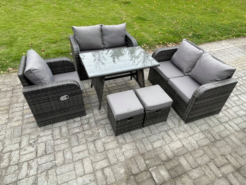 Image of Fimous 6 Pieces Outdoor Garden Dining Sets Rattan Furniture With Dining Table Armchairs Love Sofa 2 Small Footstools Dark Grey Mixed Dark Grey