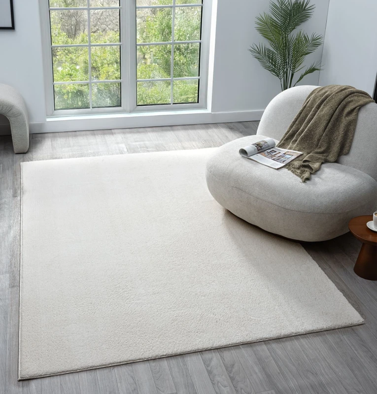 Image of Comfy Washable Low Pile Living Room Area Rug - Anti Slip Felt Backing Cream 160Cm X 220Cm