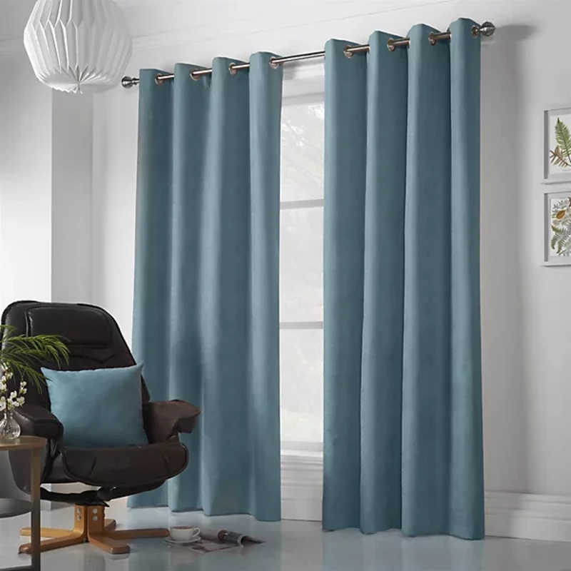 Image of Velvet Chenille Ready Made Eyelet Curtains Teal