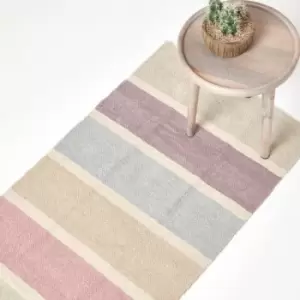 Image of Cotton Chenille Striped Rug Blue Beige Purple Grey Natural, 66 x 200cm - Multi Colour - Homescapes