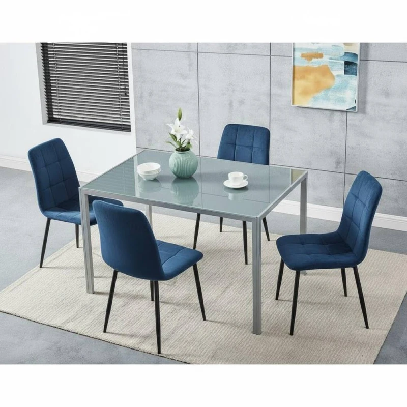 Image of KOSY KOALA Modern Grey Glass Dining Table Set with 4 blue velvet Chairs Size: 120cm x 70cm Grey Unisex 120cm x 70 cm