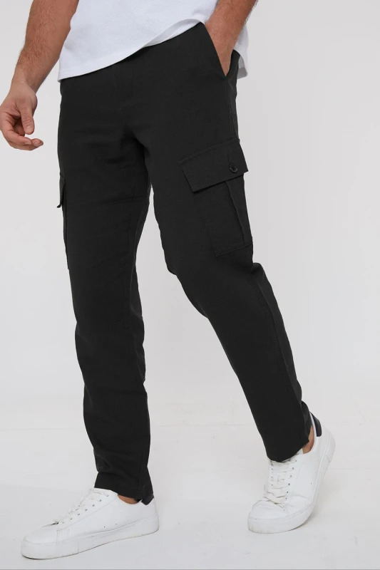 Image of Threadbare 'Ramsay' Linen Blend Cargo Trousers Black