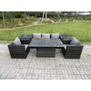 Image of Fimous 5 Seater Rattan Outdoor Dining Sofa Complete Set with Adjustable Table and 2 Side Coffee Tables