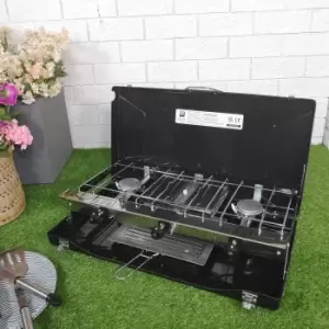 Image of Portable Gas Dual Double 2 Burner Camping Stove & Grill with Toast Rack