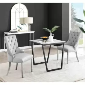 Image of Furniture Box Carson White Marble Effect Square Dining Table and 2 Grey Belgravia Chairs