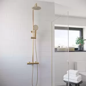 Image of Brass Thermostatic Mixer Bar Shower with Round Overhead & Handset - Equate