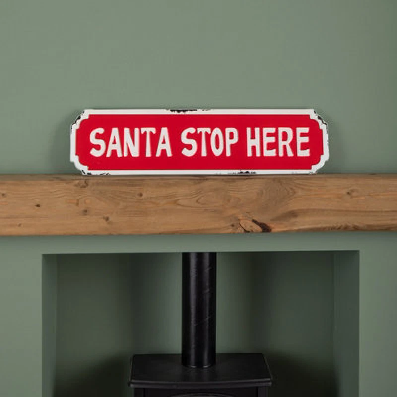 Image of Samuel Alexander 71Cm Red And White Santa Stop Here Hanging Metal Christmas Decoration Sign