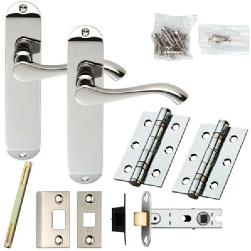 Image of Loops Door Handle & Latch Pack Chrome Modern Scroll Lever Round Backplate 180 x 40mm Multi