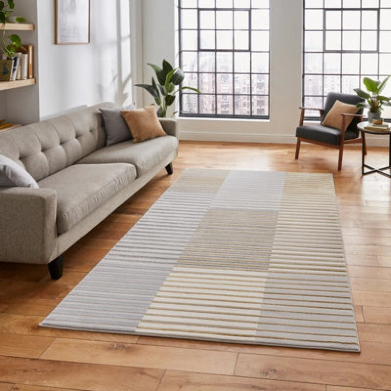 Image of Grey Gold Striped Modern Easy To Clean Dining Room Rug-160Cm X 220Cm