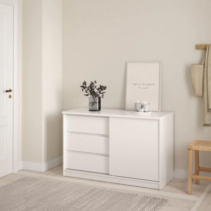 Image of Furniture To Go Naia Storage Unit With 1 Sliding Door And 3 Drawers In White High Gloss (W) 118.9 X (H) 75.6 X (D) 50Cm