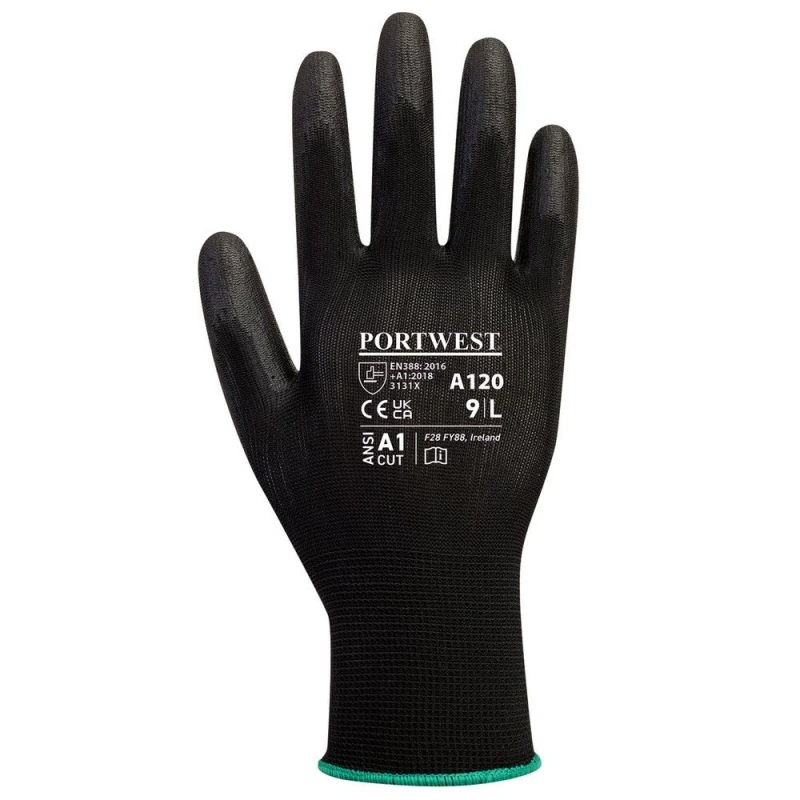 Image of Portwest Mens PU Palm Gloves in Black Size: 10 Black Male 10