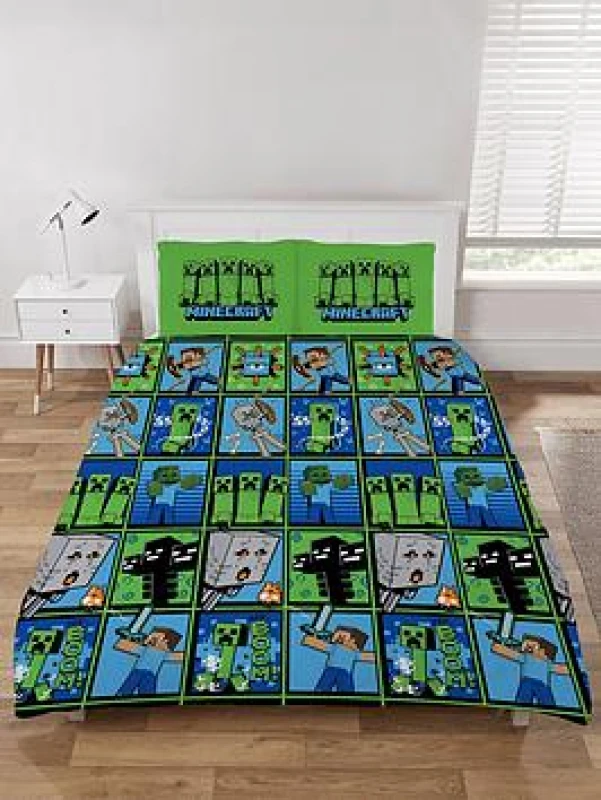 Image of Minecraft Duvet Cover Set Double Creeper Design Bedding Set With Pillowcase Blue Green