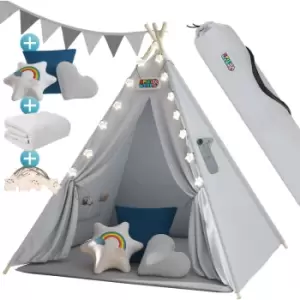 Image of Spielwerk - Childrens Teepee Tent Fairy Lights Kid's 2.5cm Floor Play Mat 3 Pillows Cotton Carry Bag Tipi Playhouse Indoor 120x120x160cm Wigwam Blue