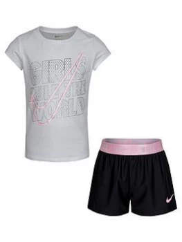 Image of Nike Younger Girls Practice Perfect 2 Piece Short Sleeve T-Shirt and Shorts Set - Black, Size 6-7 Years, Women