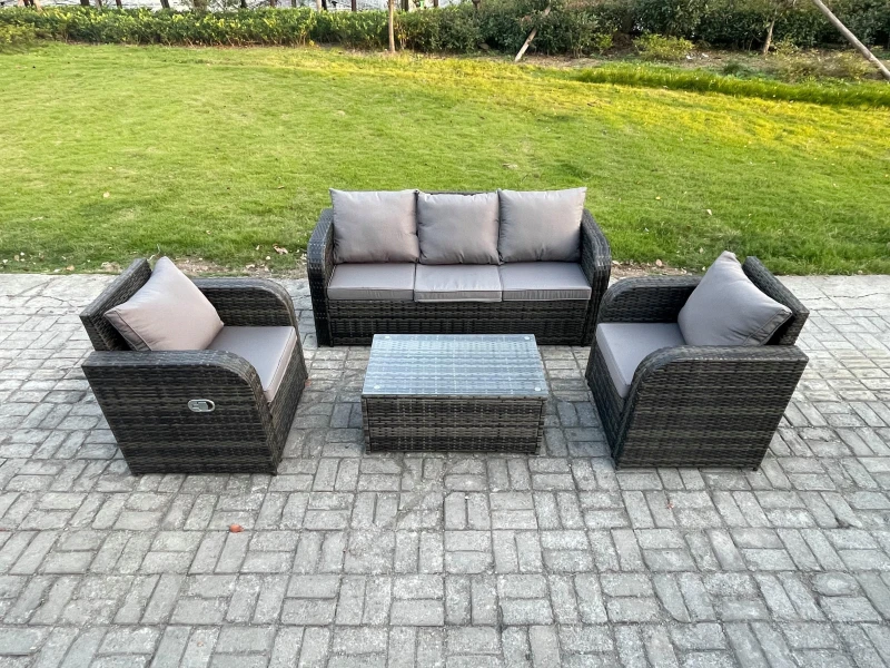Image of Fimous Outdoor Rattan Garden Furniture Set 5 Seater Patio Lounge Sofa Set with Rectangular Coffee Table Dark Grey Mixed Dark Grey