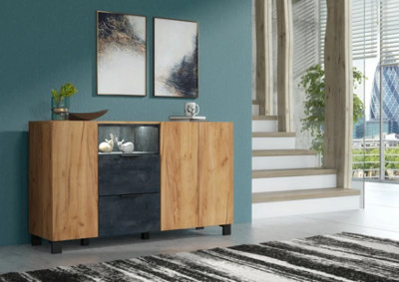 Image of Furneo Sideboard Oak & Black Concrete Effect Cabinet Cupboard Unit White LED Lights Enzo 06