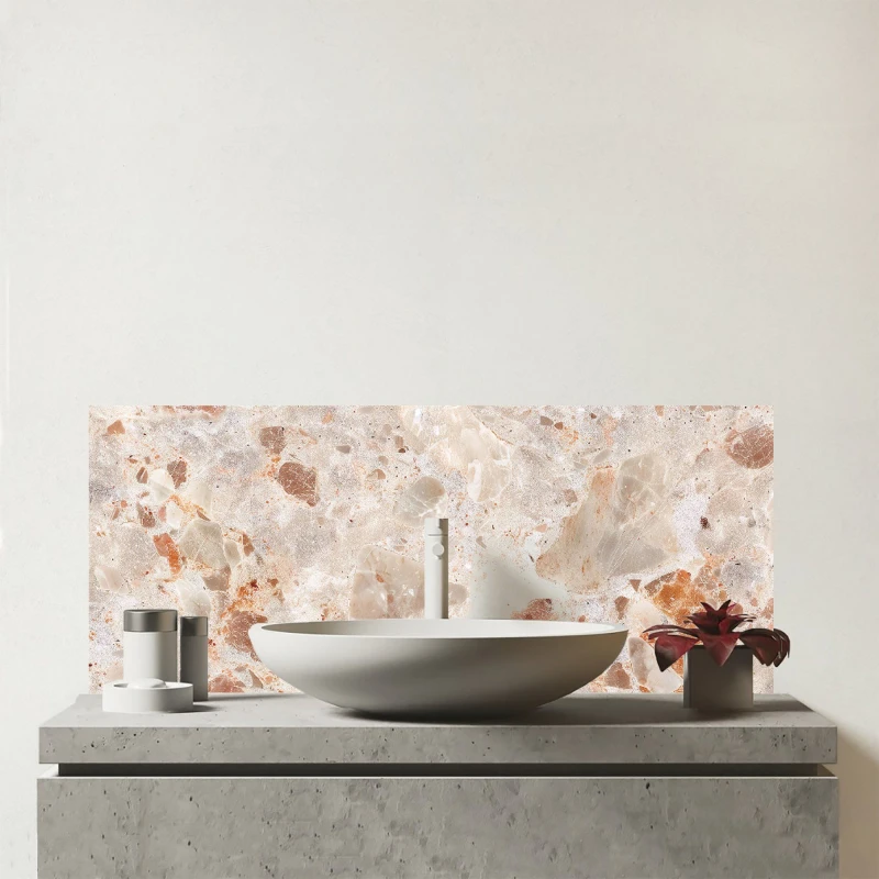 Image of Warren Reed - Designer Polished Sweet Peach Quartz Effect Glass Bathroom Splashback in Teal Teal Unisex