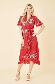 Image of Red Floral Dip Hem Wrap Midi Dress