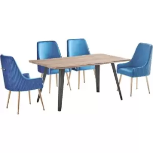 Image of Life Interiors - 5 Pieces Soho Rocco Dining Set - a Walnut Rectangular Dining Table and Set of 4 Blue Dining Chairs - Blue