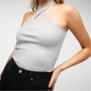 Image of Missguided Petite Rib Racer Neck Knit Top - Grey