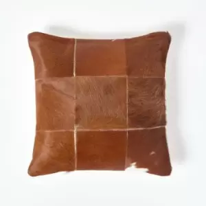 Image of Beige Real Leather & Goat Hair Large Check Cushion with Feather Filling - Natural - Homescapes