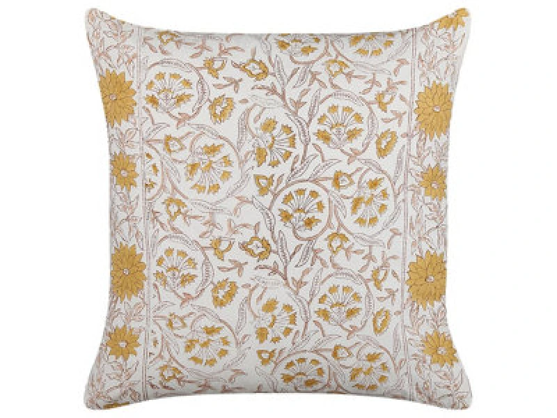 Image of Beliani Throw Cushion Calathea Cotton 45 X 45cm Yellow Floral Pattern