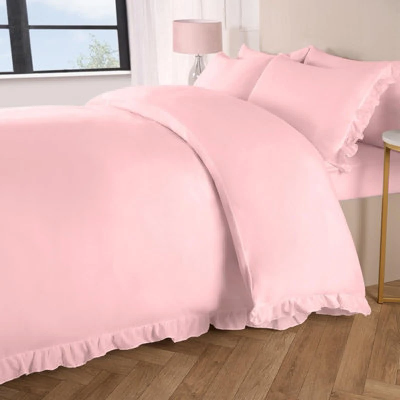 Image of OHS OHS Frill Edge Decor Duvet Cover with Pillowcase Bedding Set in Pink Size: Double Pink Double Unisex 5027434204625