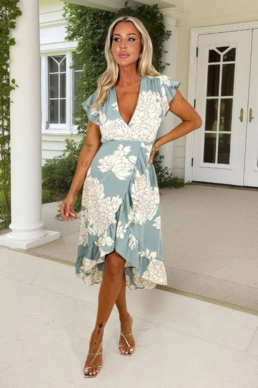 Image of AX Paris Womens Duck Egg & Cream Floral Print Frill Hem Wrap Midi Dress in Blue Size: 16 Blue Female 16