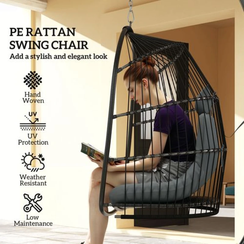 Image of Outsunny Rattan Egg Chair with Installation Kit, Indoor Outdoor Swing Chair, Grey 867-241V70CG