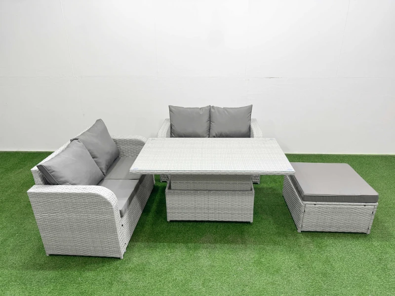Image of Fimous 5 Seater Outdoor Love Sofa Set Rattan Garden Furniture Set with Adjustable Lifting Dining or Coffee Table Big Footstool Light Grey Light Grey
