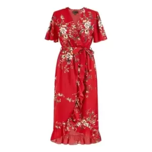 Image of Mela London Red Floral Dip Hem Wrap Midi Dress - Red