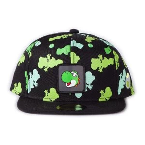 Image of Nintendo - Unisex Super Mario Bros. Yoshi Silhouette All-Over Print with Logo Badge Snapback Baseball Cap (Black)