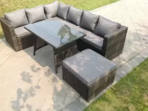 Image of Fimous 6 Seater Outdoor Dark Grey Rattan Lounge Complete Sofa Set with Dining Table and Big Footstool