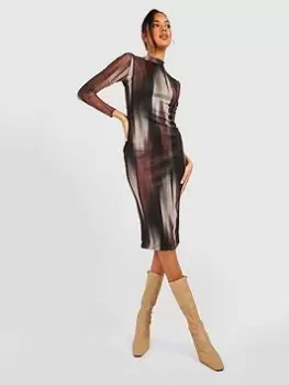 Image of Boohoo Printed Mesh High Neck Midi Dress - Multi, Size 12, Women