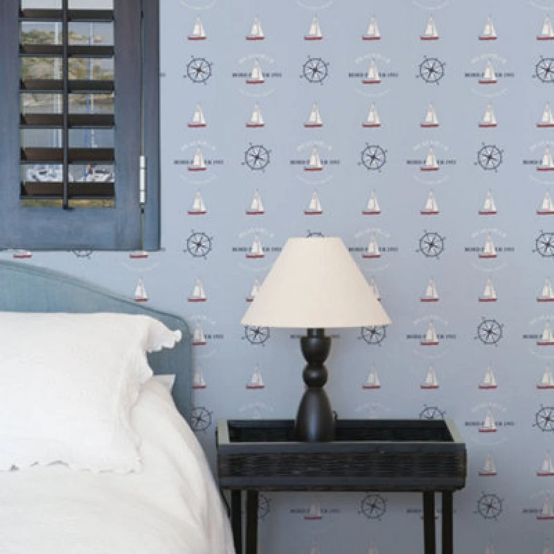 Image of Galerie Deauville 2 Sky Blue Red White Deauville Boat Motif Smooth Wallpaper