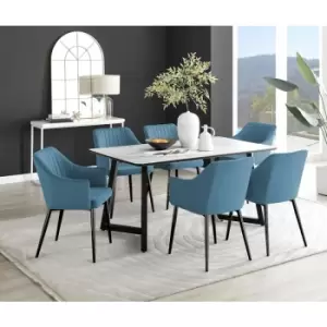 Image of Furniturebox UK - Furniturebox Carson White Marble Effect Rectangular 160cm Dining Table & 6 Blue Calla Black Leg Velvet Chairs