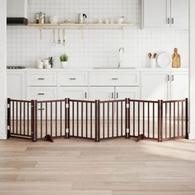 Image of Vidaxl Dog Gate With Door Foldable 6 Panels Brown Oak 300 Cm Solid Wood Fir