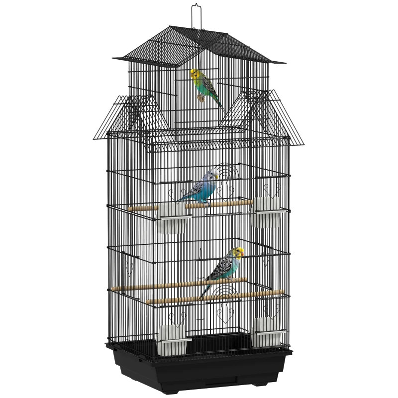 Image of PawHut Metal Bird Cage w/ Perch, Food Container, Handle, for Finch, Canary, Black D10-062V03BK